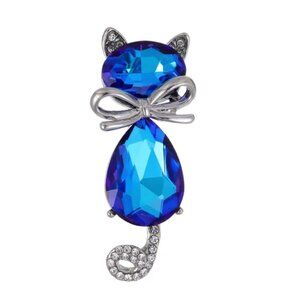 Blue Violet Crystal Cat Brooch With Rhinestones & Silver Tone Bow